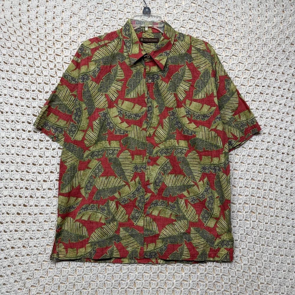 Tori Richard Hawaiian Shirt Mens Sz M Red Green Leaf Print Button Up Short Slv